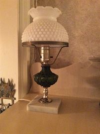 converted green oil lamp to electric marble base, milk glass top