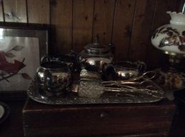 quadruple plated silver tea set with tray and servers
