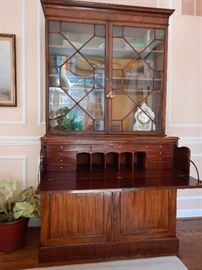 SECRETARY DRAWER HAVING PIGEON HOLES AND SMALL DRAWERS. LOWER SECTION HAVING PAIR OF CUPBOARD DOORS. 