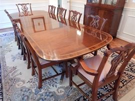 DOUBLE BANDED/DOUBLE PEDESTAL DINING TABLE 11' LONG W/ 3 17" LEAVES IN PLUS SET OF 10 CHIPPENDALE CHAIRS