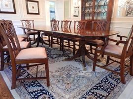 DOUBLE BANDED/DOUBLE PEDESTAL DINING TABLE 11' LONG W/ 3 17" LEAVES IN PLUS SET OF 10 CHIPPENDALE CHAIRS