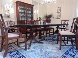 DOUBLE BANDED/DOUBLE PEDESTAL DINING TABLE 11' LONG W/ 3 17" LEAVES IN PLUS SET OF 10 CHIPPENDALE CHAIRS