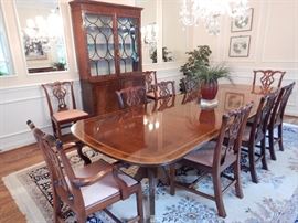 DOUBLE BANDED/DOUBLE PEDESTAL DINING TABLE 11' LONG W/ 3 17" LEAVES IN PLUS SET OF 10 CHIPPENDALE CHAIRS