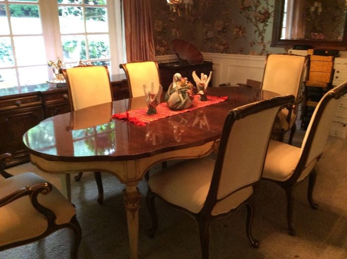 Banquet size Karges dining table and eight chairs, mint condition