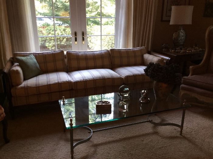 Sheraton style sofa designer fabric and brass glass coffee table