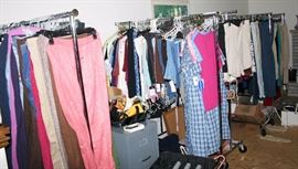 Over 20 Rolling Racks of New Clothes w/Tags (Tops, Slacks, Pajamas, Pants; Skirts, Shorts)