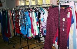 Over 20 Rolling Racks of New Clothes w/Tags (Tops, Slacks, Pajamas, Pants; Skirts, Shorts)