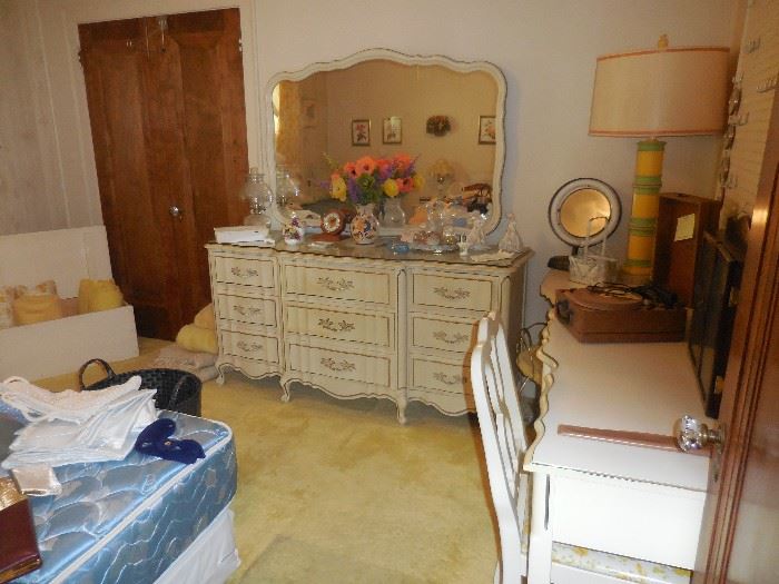 60's White /Gold 3 Drawer Low Boy with Mirror, Desk, Corner Vanity Table