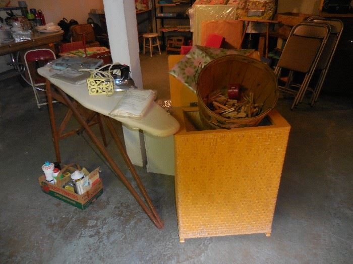 Vintage Hamper, Clothespins, Ironing Board/Irons