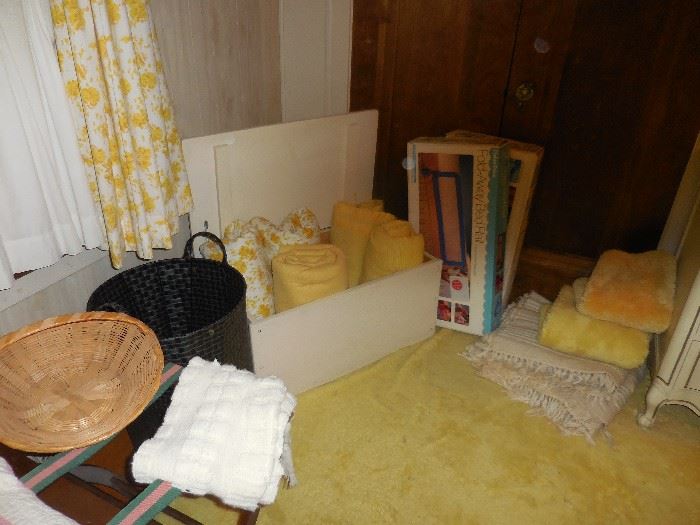 Vintage Chest, Blankets, Curtains, Rugs, Baskets