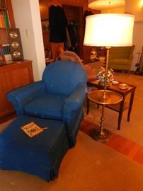 Over Stuffed Royal Blue Arm Chair with Ottoman
