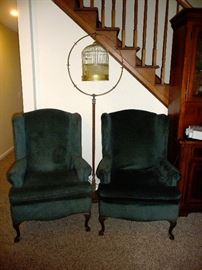 2 wing back chairs /  vintage  bird cage with stand