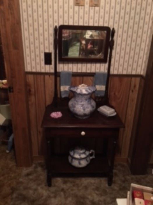 Antique Table with attached mirror / Chamber Pots