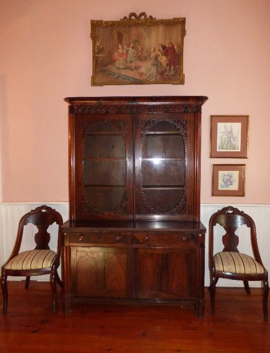 Gorgeous antique Rosewood bookcase purchased from Longview Mansion Estate Auction in Nashville, Tenn.  The Italian "Gondola" chairs were also purchased at same estate auction.  