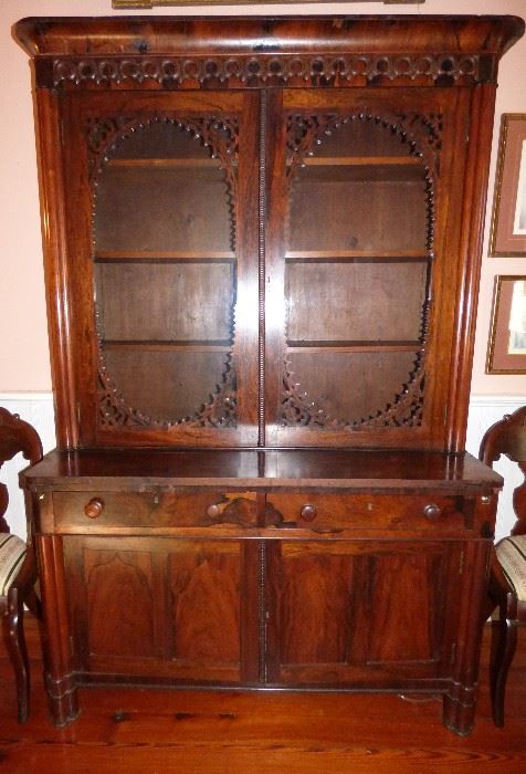 Rosewood glass front bookcase/cabinet.  Look at the grain in the doors & the decoration around the glass doors!