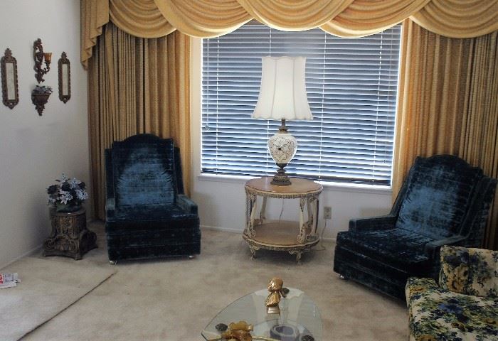 vintage blue velvet upholstered chairs