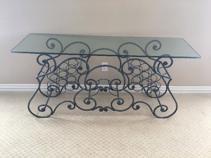 Iron & glass console table with wine rack on base