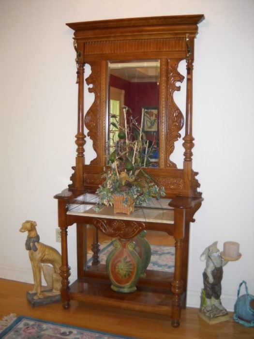 OAK MARBLE TOP HALL TREE