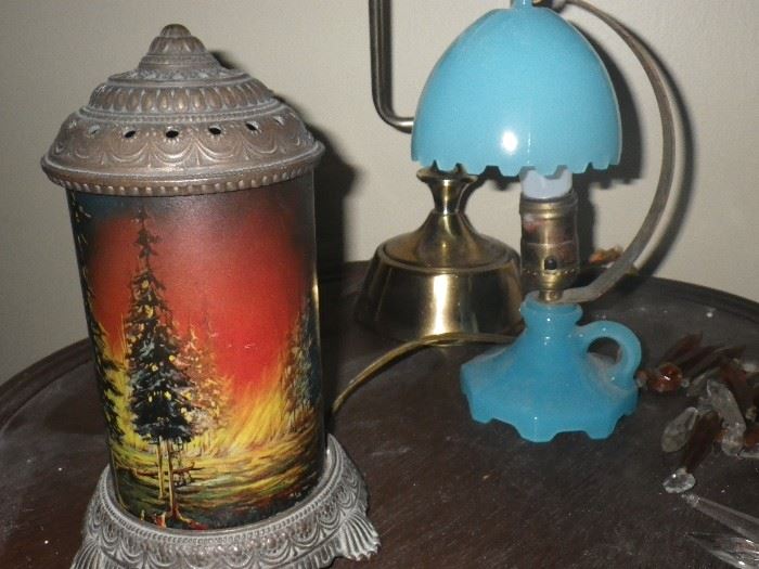1927-30 Fire in Motion lamp, and HouzeX blue opalene finger lamp 1920s