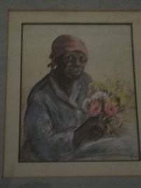 Artist: Elizabeth O'Neil Verner. Title: Charleston Flower Vendor. 11.25" x 10.75 wide. Lithographic copy of watercolor