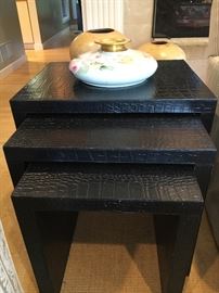 Custom alligator embossed black leather nesting tables