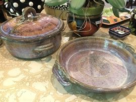 Studio pottery, pie plate and crock with lid.