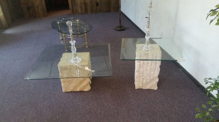 2 CONTEMPORARY END TABLES AND A  GLASS TOP BRASS COFFEE TABLE