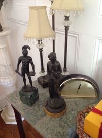 Two Grand Tour bronze statues, Regency style marble top console