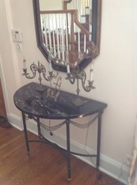 Vintage wrought iron marble top console table, octagonal wall mirror