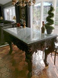 Amazing carved mahogany island with white marble top