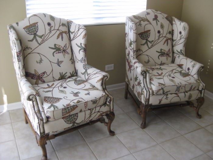 Very clean vintage wing back chairs with nail head trim