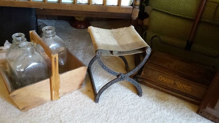 Milk Bottles Crate and Cast Iron antique child's seat
