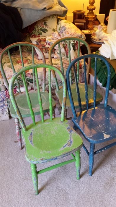 4 wooden children chairs and antique folding table