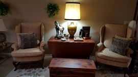 Wing Back chairs, antique drop leaf table, cedar chest