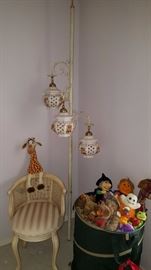Vintage mid century modern lamp, chair, stuffed toys