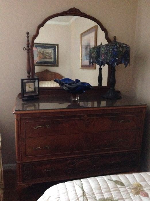3 drawer antique dresser, swivel mirror, on casters