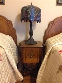 Copper lined smoking stand. Leaded glass lamp, beautiful when lit. Have matched pair