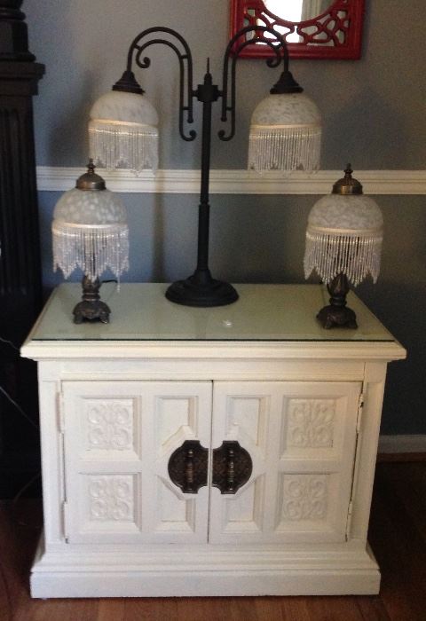 Bedroom set night stand.matching table lamps with glass and fringe shade