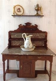 Walnut and marble washstand. Capodimonte bowl and pitcher