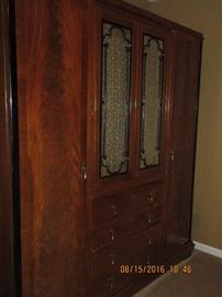 Antique English Wardrobe with trifold beveled edge mirror