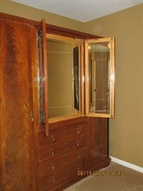 Antique English Wardrobe with trifold beveled edge mirror
