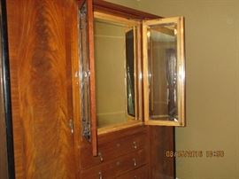 Antique English Wardrobe with trifold beveled edge mirror