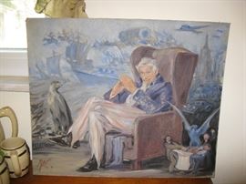 Picture of Uncle Sam, the Eagle to his right, Conestoga wagon in the upper middle, Planes, Sail boats, Empire state building.  Possibly politicians not agreeing in the bottom right 