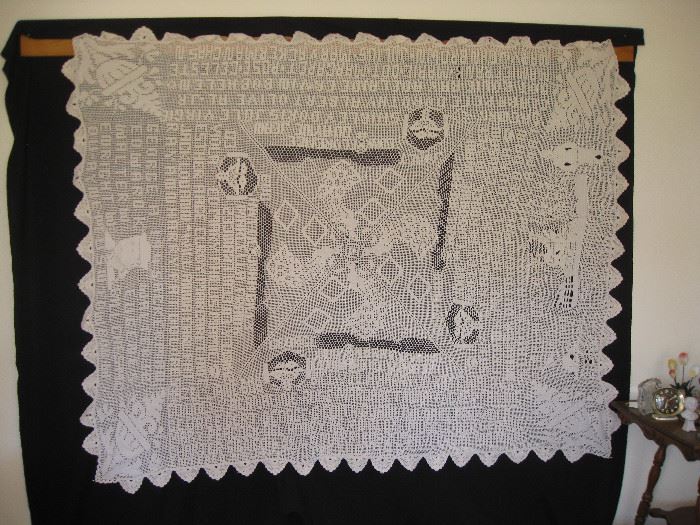 Large vintage crocheted WWII 10' X 10' historical spread representing the Navy and several dates within.  The flag raising at Iwo Jima is also included. 