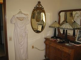 White evening dress, oval mirror and 2 newer lamps