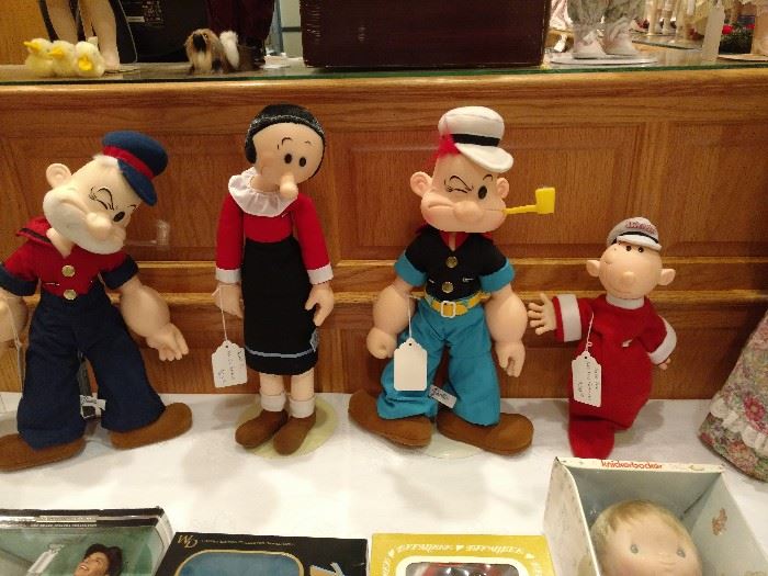 1985 Poopdeck Pappy $60, 1985 Olive Oyl $60, 1985 Popeye $60 and 1985 Swee' Pea $30 all by King Features