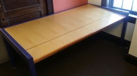 (13) 38.5 x 76 Steel Frame Desks with Maple & Cherry Edge - Top has 2-3 Position Angles.  (1) 38.5 x 76 Steel Frame Desk with Maple & Cherry Edge - but 42" High for Standing.  (1) 38.5 x 76 Steel Frame Desk with Maple & Cherry Edge with a Raised Shelf in Back.  (1) 38.5 x ? Steel Frame Desk with Maple & Cherry Edge with a Raised Shelf in Back.  (1) 38.5 x 68.5 Steel Frame Desk with Maple & Cherry Edge with a Raised Shelf in Back.  (1) 38.5 x 60 Steel Frame Desk with Maple & Cherry Edge with a Raised Shelf in Back.  (1) 22 x 76 Steel Frame Desk with Maple & Cherry Edge with a Raised Shelf in Back.  (1) L Shaped Reception Desk with Maple & Cherry Edge.
