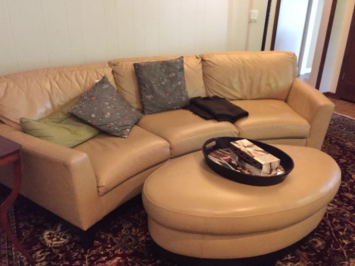 Butter Colored Leather Sofa with ottoman
