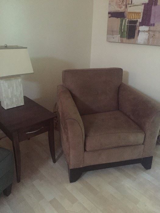 Brown Suede Chair and Sofa set with complimenting wall art and lamps and tables and dinette Set.  Contemporary.  Sold with Couch as a set $325.00