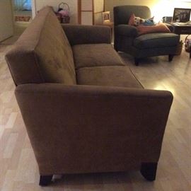 Brown suede Sofa with dark walnut legs, matching chair and side tables and wall art.   With brown suede chair $375.00.